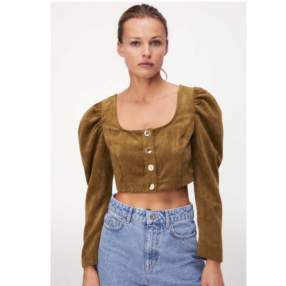 NWT ZARA Corduroy Crop Top Blouse Bloggers Fav Olive Green XS